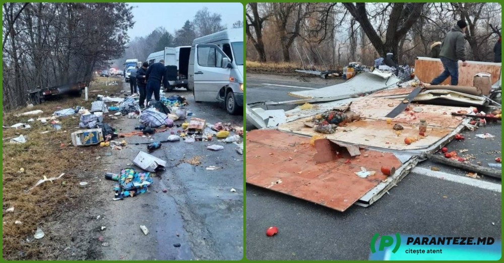 FOTO // Colete ce urmau să ajungă în Franța, împrăștiate pe asfalt la Edineț. Autobuz de rută ocazională implicat într-un accident